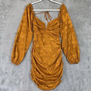 More To Come Dress Womens Small Gold Floral Jacquard Ruched Long Sleeve Bodycon